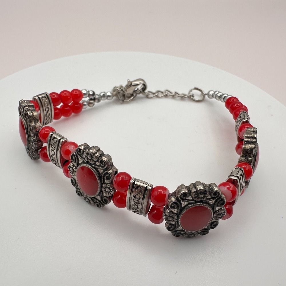 Vintage Y2K Silver Tone Ornate Floral Link Red Beaded Bracelet Statement Jewelry